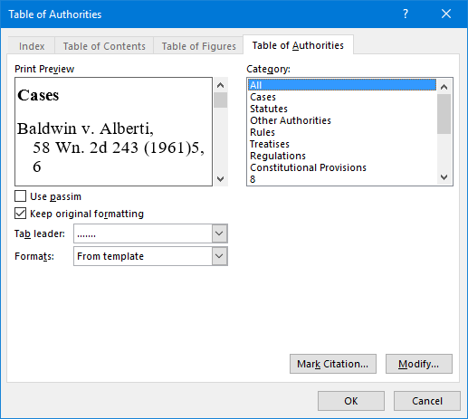 make a table of authhotrities in word for mac